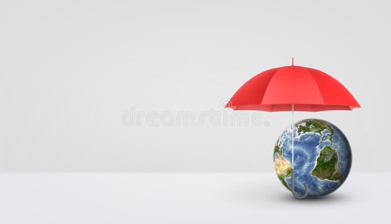 An open red umbrella standing vertically on the handle and keeping safe a small Earth globe. Protecting environment. Green business solutions. Eco-friendly. An open red umbrella standing vertically on the handle and keeping safe a small Earth globe. Protecting environment. Green business solutions. Eco-friendly.