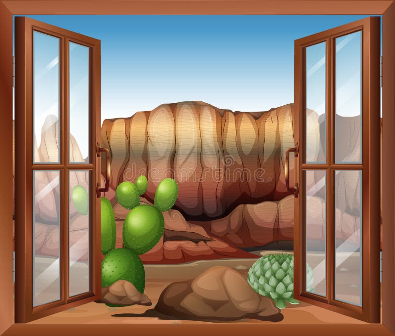 Een open venster met een mening van de woestijn en de cactusinstallaties stock illustratie Een open venster met een mening van de woestijn en de cactusinstallaties stock illustratie
