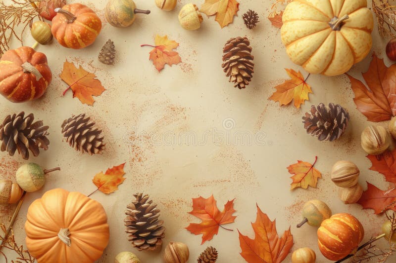 An arrangement of pumpkins, pine cones, nuts, and fall leaves on a beige background. AIG51A. AI generated. An arrangement of pumpkins, pine cones, nuts, and fall leaves on a beige background. AIG51A. AI generated