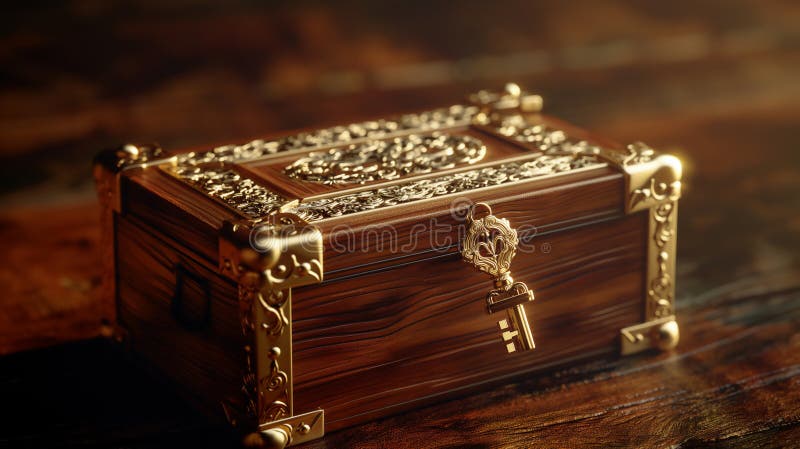 An ornate wooden chest embellished with intricate gold metalwork and a vintage key, resting on a rustic wooden table illustration by generative ai. An ornate wooden chest embellished with intricate gold metalwork and a vintage key, resting on a rustic wooden table illustration by generative ai