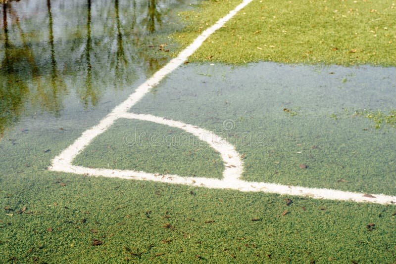 A flooded soccer field after heavy rain spring. A flooded soccer field after heavy rain spring