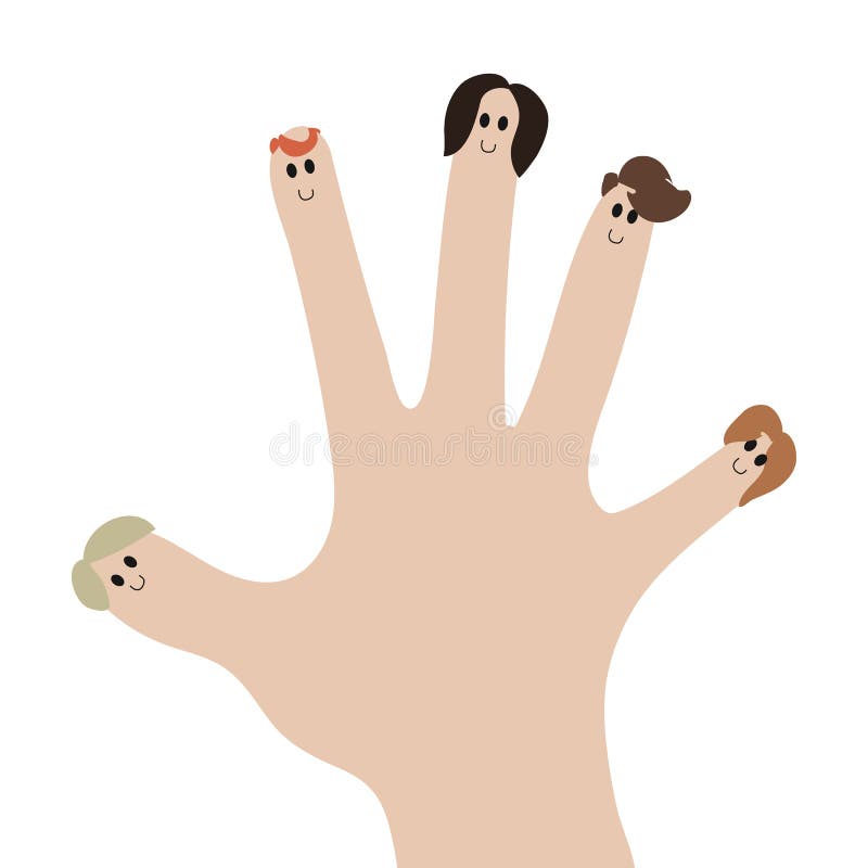 Een palm met gezichten van mensen bij de vingertoppen van een familieteam van een bedrijf isoleerde vectorillustratie stock illustratie Een palm met gezichten van mensen bij de vingertoppen van een familieteam van een bedrijf isoleerde vectorillustratie stock illustratie
