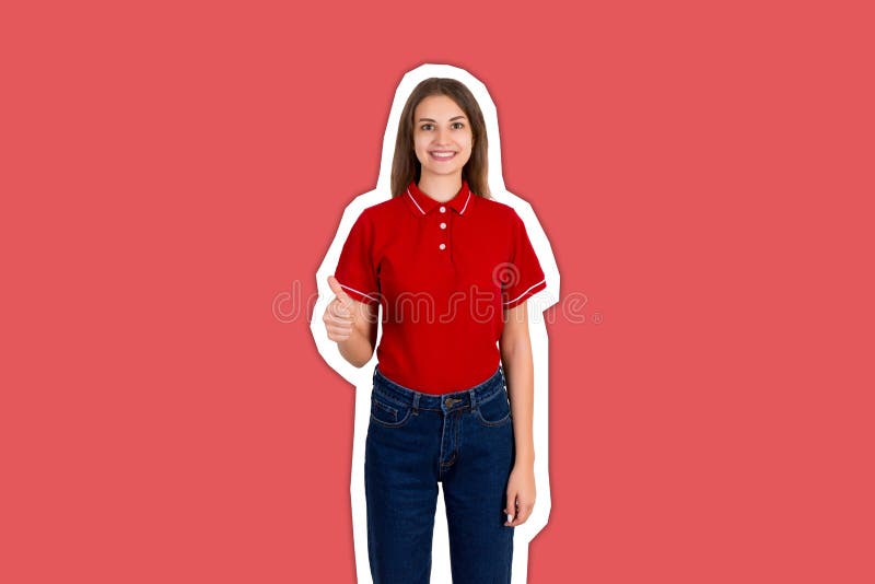 Een portret van mooi glimlachend bezorgingsmeisje dat duim omhoog laat zien de collage van het Tijdschrift met trendy kleur achte royalty-vrije stock foto Een portret van mooi glimlachend bezorgingsmeisje dat duim omhoog laat zien de collage van het Tijdschrift met trendy kleur achte royalty-vrije stock foto