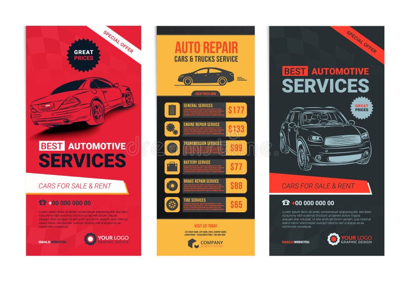 Een Reeks lay-outs van de de bannersinzameling van de Web Automobieldiensten royalty-vrije illustratie Een Reeks lay-outs van de de bannersinzameling van de Web Automobieldiensten royalty-vrije illustratie