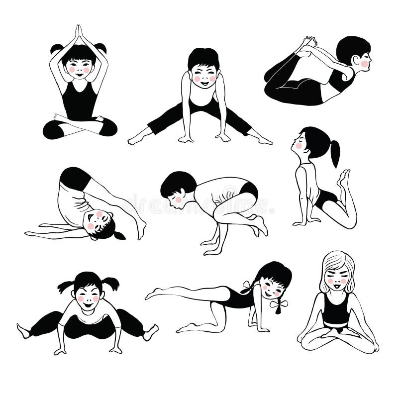 Isolated on white background set of 9 pieces, children adolescents 12 years of age are engaged in different yoga poses. Vector illustration. Isolated on white background set of 9 pieces, children adolescents 12 years of age are engaged in different yoga poses. Vector illustration