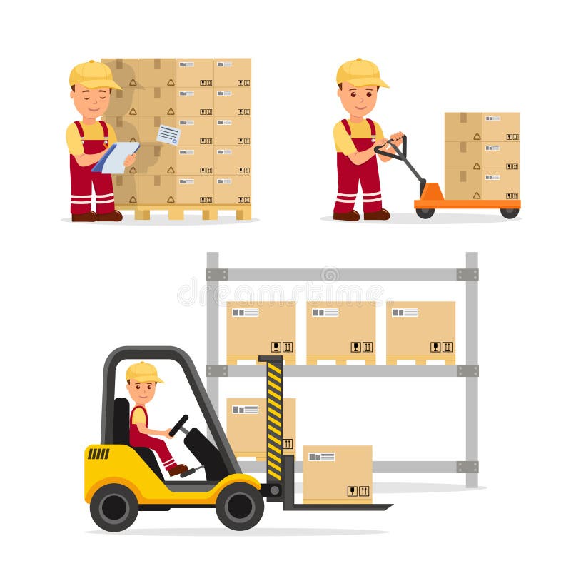 Een reeks vectormensen op het gebied van logistiek, ladingsopslag en levering Pakhuisarbeider in het uniform royalty-vrije illustratie Een reeks vectormensen op het gebied van logistiek, ladingsopslag en levering Pakhuisarbeider in het uniform royalty-vrije illustratie