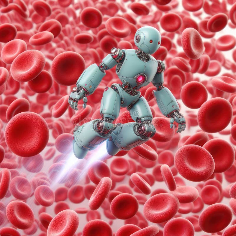 A robot flying among red blood cells. A robot flying among red blood cells