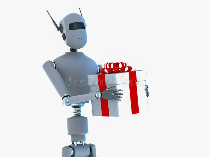 Een robot stelt een gift met een rode boog voor stock illustratie Een robot stelt een gift met een rode boog voor stock illustratie