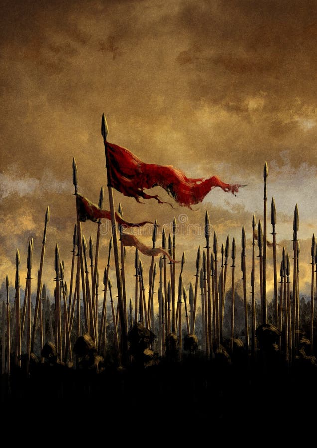 Een rode banner opgevoed voor een middeleeuws leger