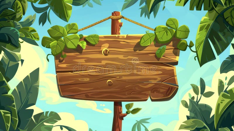 A rustic wooden signboard in the rainforest set against a sunny blue sky with green vines, tropical foliage, and a tropical liana arch decorated with green vines.. AI generated. A rustic wooden signboard in the rainforest set against a sunny blue sky with green vines, tropical foliage, and a tropical liana arch decorated with green vines.. AI generated