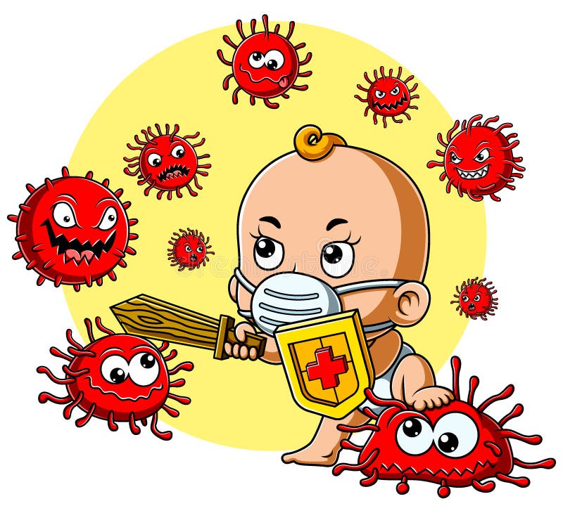 Een schattig baby met een masker vecht tegen het coronavirus