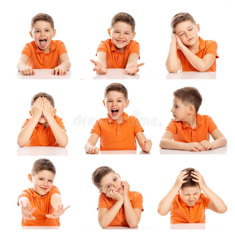 Een schattige schooljongen met verschillende emoties. collage. witte achtergrond. vierkant formaat