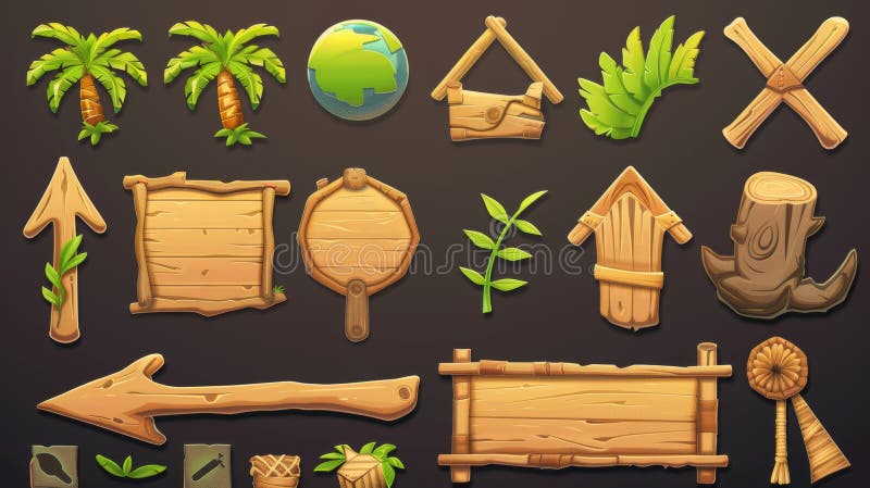 A set of directions arrows on a stick is a modern setting of wood pointer bamboo game UI frames. Isolated tropical jungle beach information panels for menu interfaces. Blank guidepost button icon gui. AI generated. A set of directions arrows on a stick is a modern setting of wood pointer bamboo game UI frames. Isolated tropical jungle beach information panels for menu interfaces. Blank guidepost button icon gui. AI generated