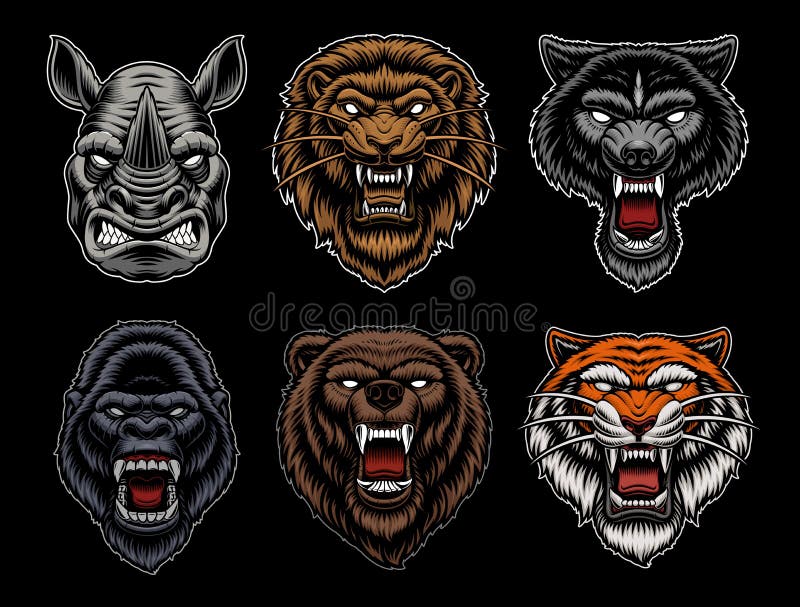 A set of different vector animal mascots such as a wolf, a tiger, a lion, and others. These illustrations can be used as logotypes for sports teams and for many other uses. A set of different vector animal mascots such as a wolf, a tiger, a lion, and others. These illustrations can be used as logotypes for sports teams and for many other uses