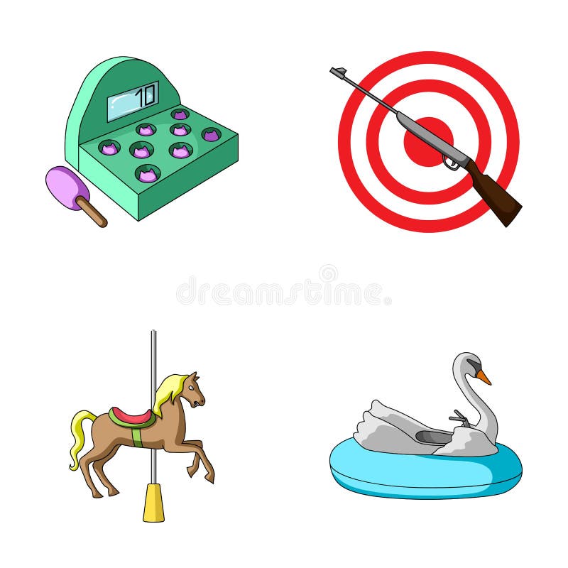 Een spel met een knuppel, een doel met een kanon, een paard op een carrousel, een zwaanaantrekkelijkheid Pictogrammen van de pret vector illustratie Een spel met een knuppel, een doel met een kanon, een paard op een carrousel, een zwaanaantrekkelijkheid Pictogrammen van de pret vector illustratie
