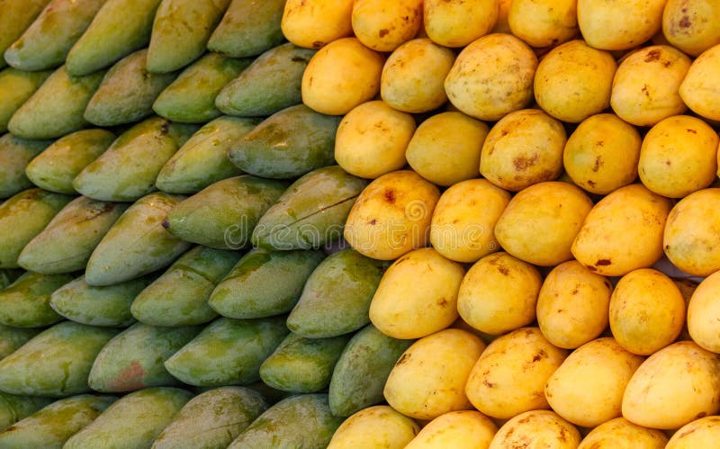 Een stapel gele en groene mango's royalty-vrije stock afbeelding