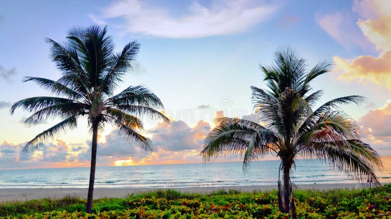 Een Strand Zuid- van Florida bij Zonsondergang brengt de kalme sereniteit uit het zand & de branding uit stock foto Een Strand Zuid- van Florida bij Zonsondergang brengt de kalme sereniteit uit het zand & de branding uit stock foto