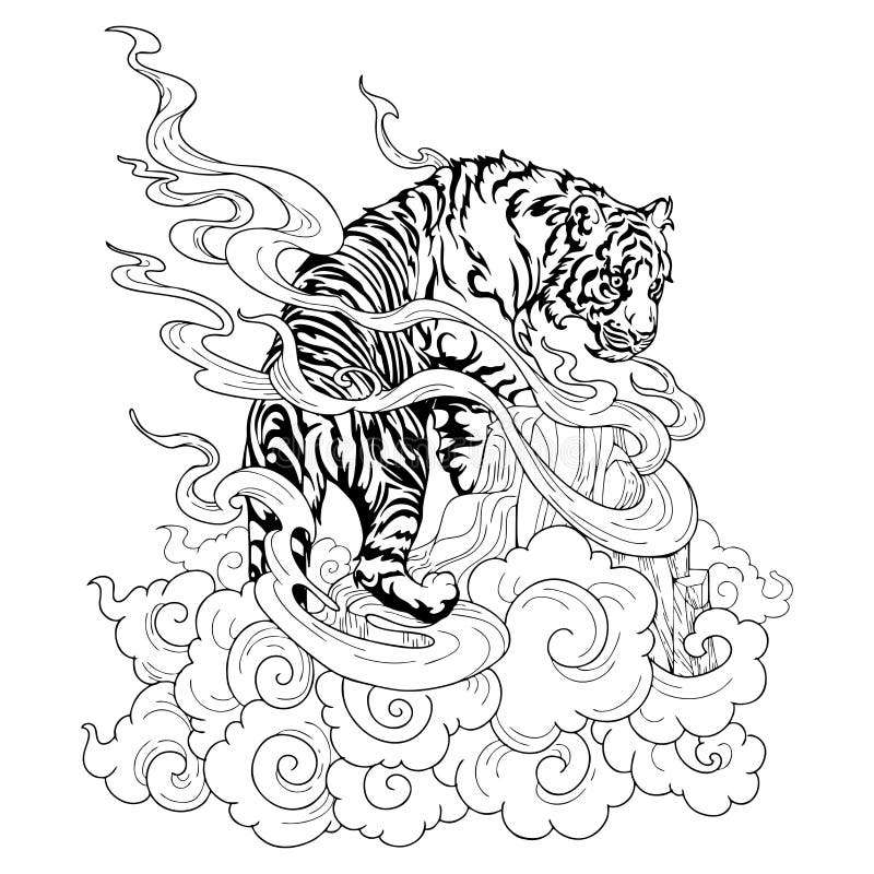 Een tijger die op een heuvel en een wolkenontwerp klimt met een chinese of japanse tatoeage illustratie - inkttekenaar die orienta