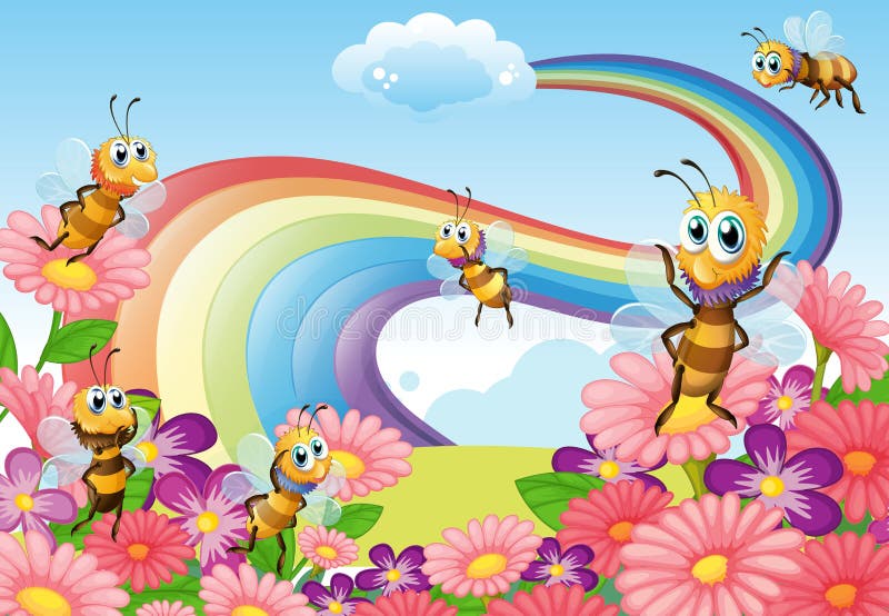 Een tuin bij heuveltop met bloeiende bloemen en bijen vector illustratie Een tuin bij heuveltop met bloeiende bloemen en bijen vector illustratie