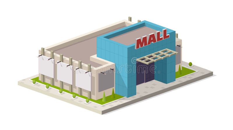 Een vectorillustratie van een modern winkelcentrum. Isometrische winkelcentrumgebouwillustratie vector illustratie