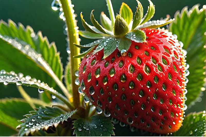 This image has been crafted by Generative AI. Immerse yourself in the natural beauty of this close-up view, capturing a dew-covered ripe strawberry. The intricate fibers and seed details are visible, glistening in the morning light. Each droplet of dew adds a touch of freshness, creating a visual symphony that celebrates the essence of ripe, juicy strawberries. Perfect for projects seeking to. This image has been crafted by Generative AI. Immerse yourself in the natural beauty of this close-up view, capturing a dew-covered ripe strawberry. The intricate fibers and seed details are visible, glistening in the morning light. Each droplet of dew adds a touch of freshness, creating a visual symphony that celebrates the essence of ripe, juicy strawberries. Perfect for projects seeking to