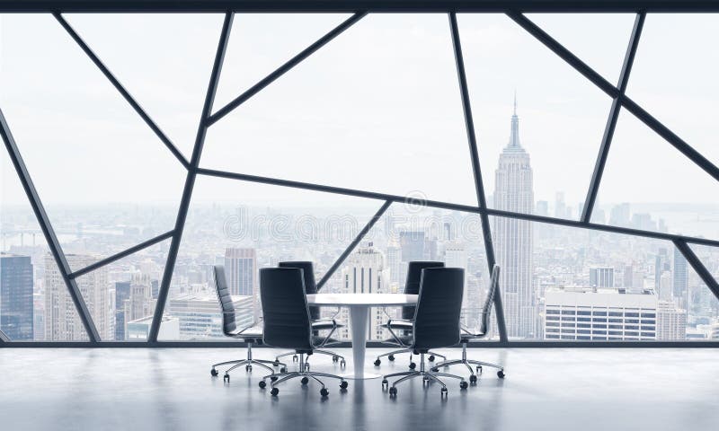Een vergaderzaal in een heldere eigentijdse panoramische bureauruimte met de stadsmening van New York Het concept hoogst professi royalty-vrije illustratie Een vergaderzaal in een heldere eigentijdse panoramische bureauruimte met de stadsmening van New York Het concept hoogst professi royalty-vrije illustratie