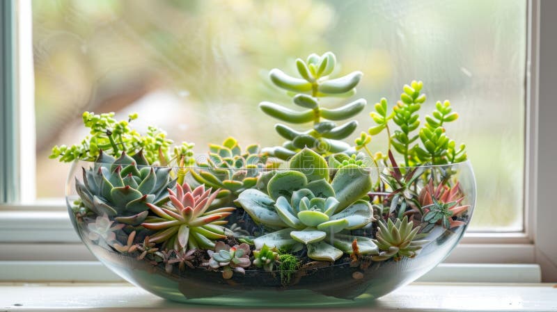 A collection of exotic succulents arranged in a terrarium creating a mini desert oasis on a windowsill in a modern kitchen. AI generated. A collection of exotic succulents arranged in a terrarium creating a mini desert oasis on a windowsill in a modern kitchen. AI generated