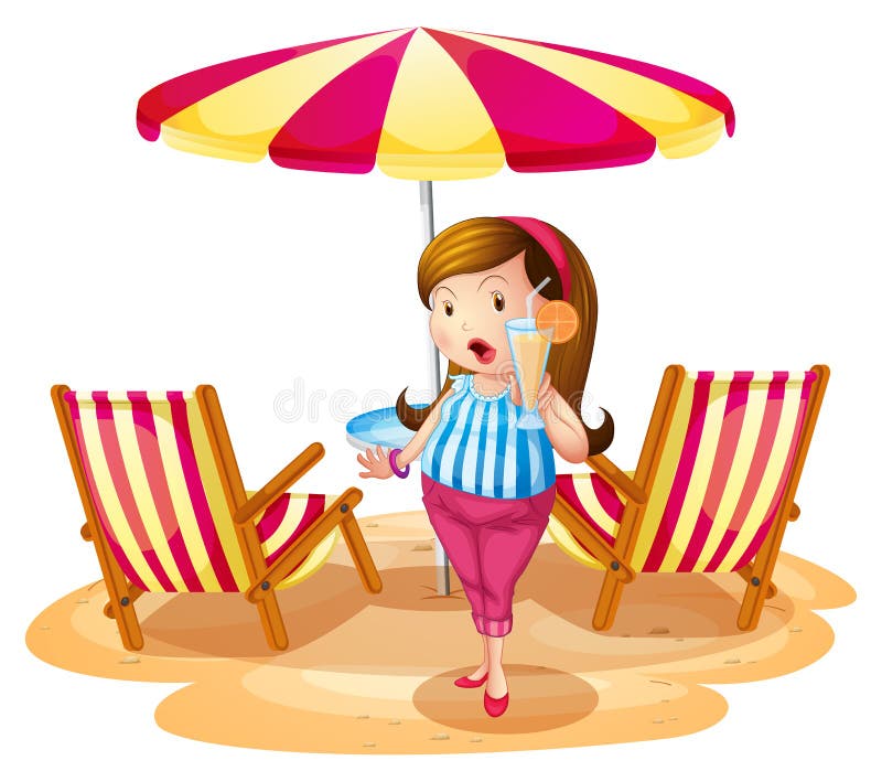 Een vet meisje die een sap houden dichtbij de strandparaplu met stoelen vector illustratie Een vet meisje die een sap houden dichtbij de strandparaplu met stoelen vector illustratie