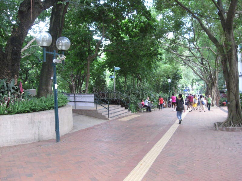 Een voetweg in het weelderige Kowloon-park, Hong Kong stock afbeelding Een voetweg in het weelderige Kowloon-park, Hong Kong stock afbeelding