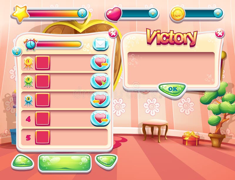 Een voorbeeld van één van de schermen van het computerspel met een ladings achtergrondslaapkamerprinses, een gebruikersinterface vector illustratie Een voorbeeld van één van de schermen van het computerspel met een ladings achtergrondslaapkamerprinses, een gebruikersinterface vector illustratie