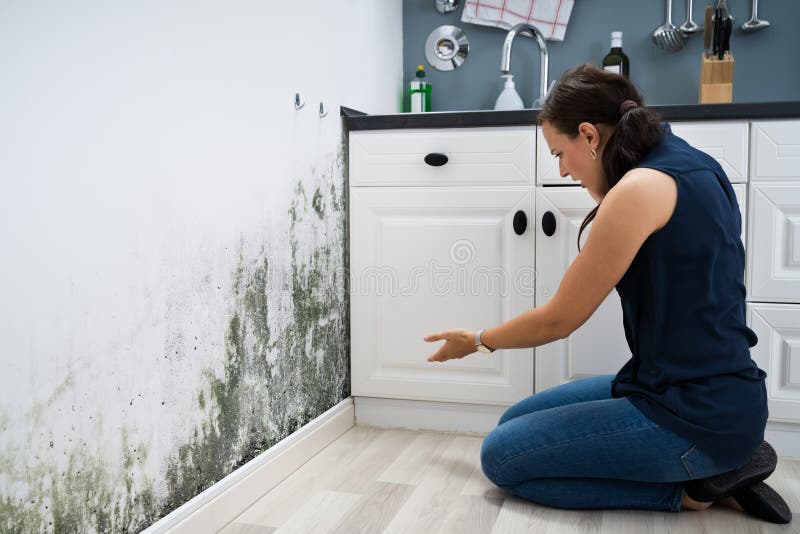 Woman Looking At Mold Wall Damage At Home. Woman Looking At Mold Wall Damage At Home