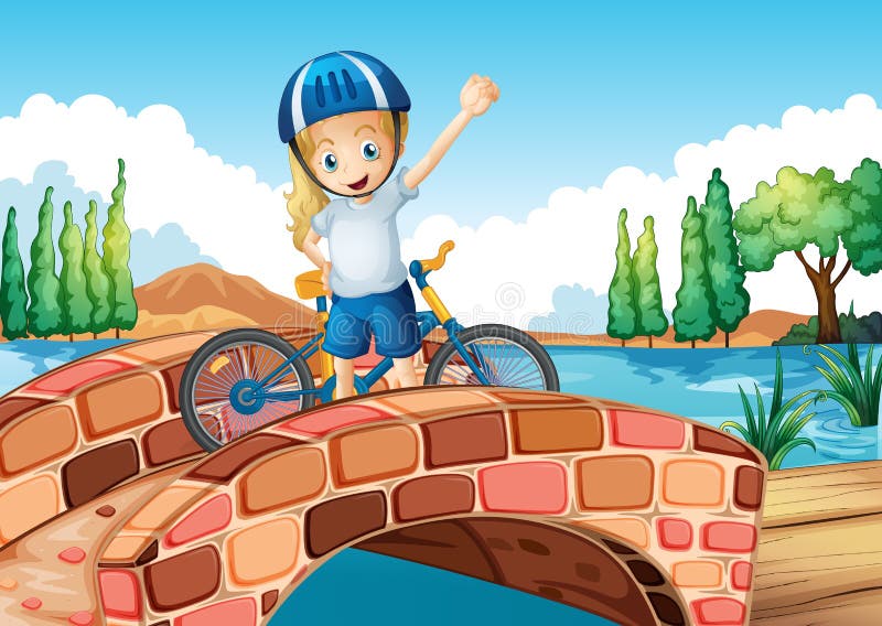 Een vrouwelijke fietser die zich boven de brug bevinden stock illustratie Een vrouwelijke fietser die zich boven de brug bevinden stock illustratie