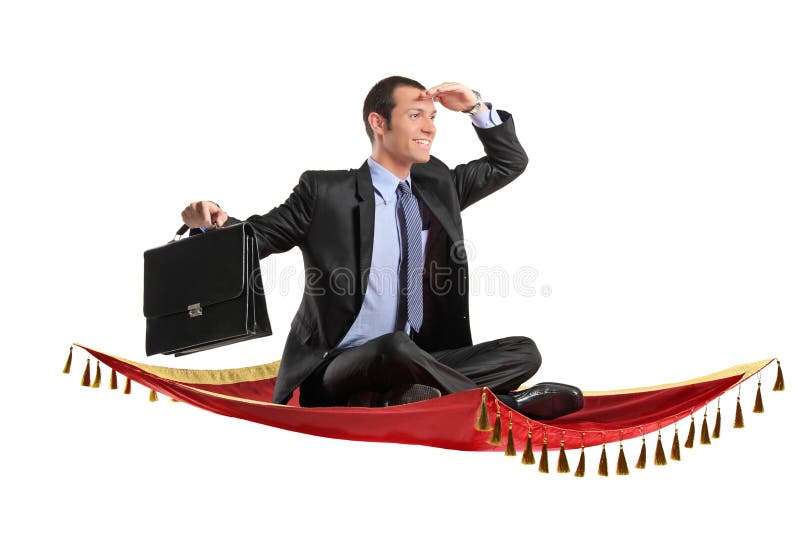 A businessman holding a suitcase while flying on a magic carpet. A businessman holding a suitcase while flying on a magic carpet