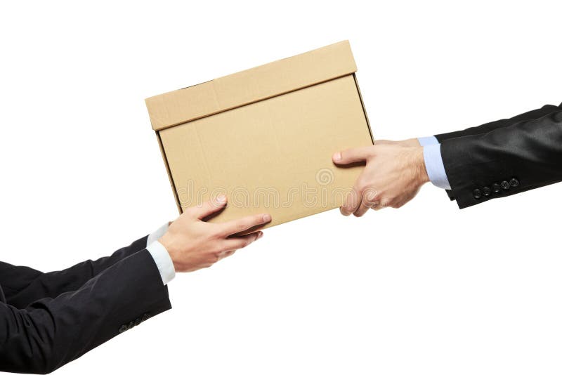 A businessman delivering a package to a man isolated on white background. A businessman delivering a package to a man isolated on white background