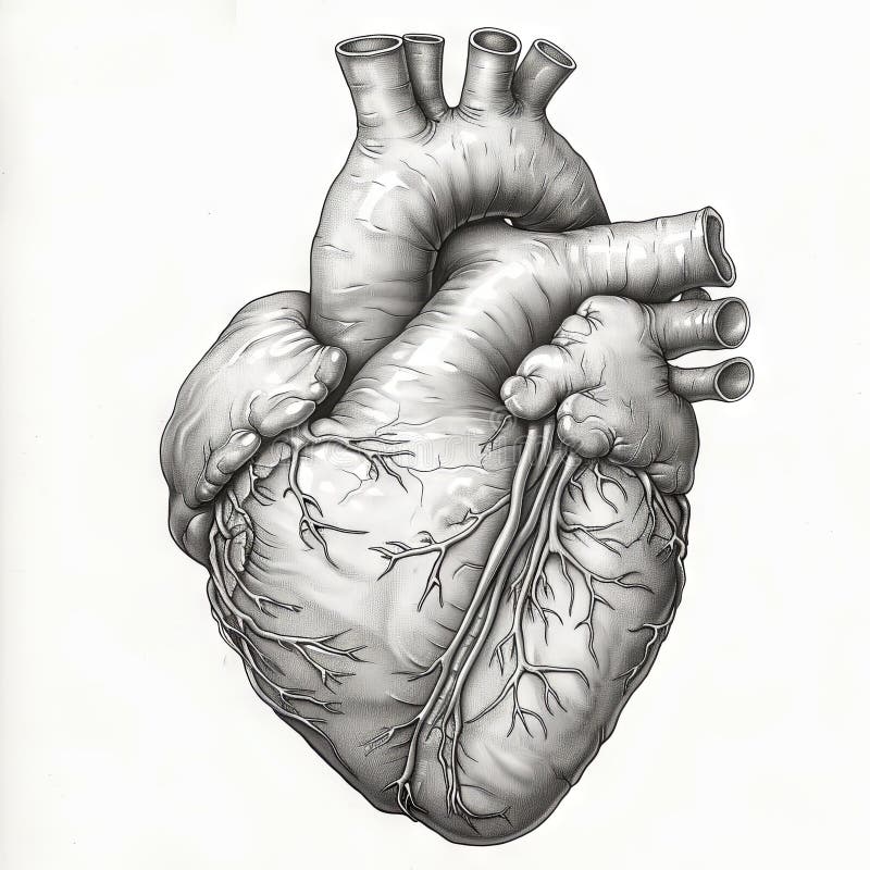 a black and white illustration of a heart, in the style of realistic anatomies. Generative AI. a black and white illustration of a heart, in the style of realistic anatomies. Generative AI.