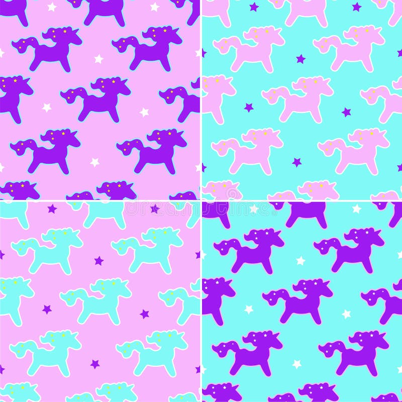 Eenhoorn vier droomt patroon op roze en blauwe achtergrond met sterren stock illustratie Eenhoorn vier droomt patroon op roze en blauwe achtergrond met sterren stock illustratie