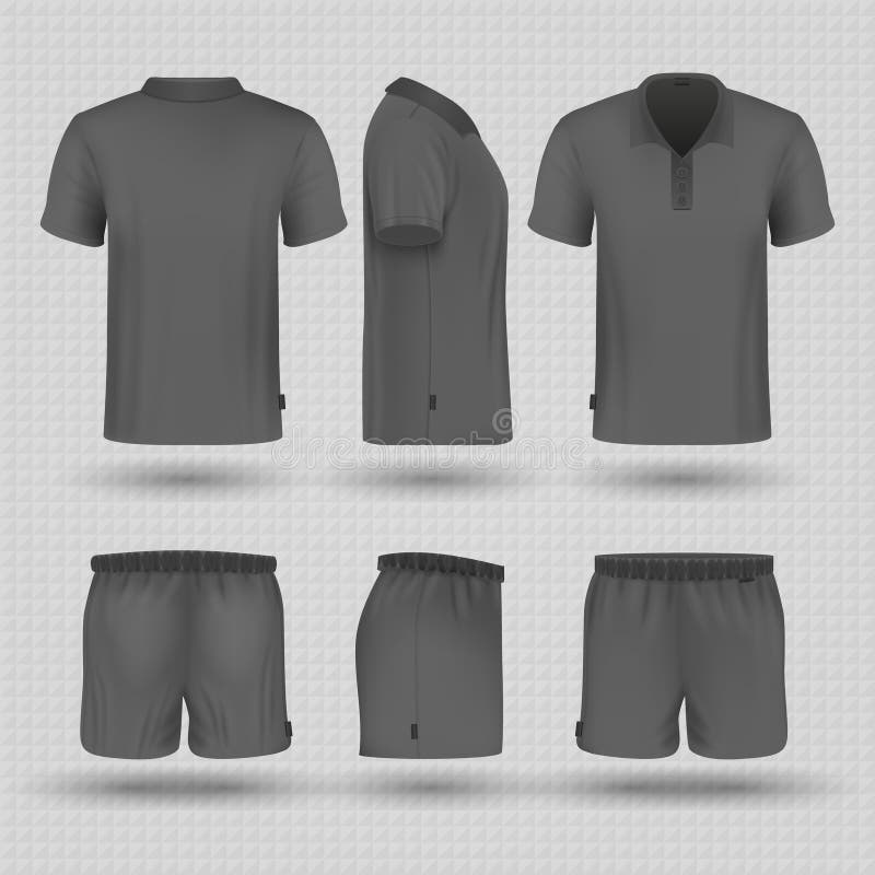 Eenvormige voetbal zwarte sporten Mannelijke borrels en vectormodel van de t-shirt het voor, zij en achtermening vector illustratie Eenvormige voetbal zwarte sporten Mannelijke borrels en vectormodel van de t-shirt het voor, zij en achtermening vector illustratie