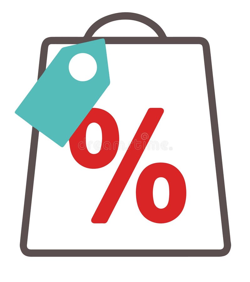 Eenvoudig vectorpictogram met het winkelen zak met prijskaartje en het teken van kortingspercenten stock illustratie Eenvoudig vectorpictogram met het winkelen zak met prijskaartje en het teken van kortingspercenten stock illustratie