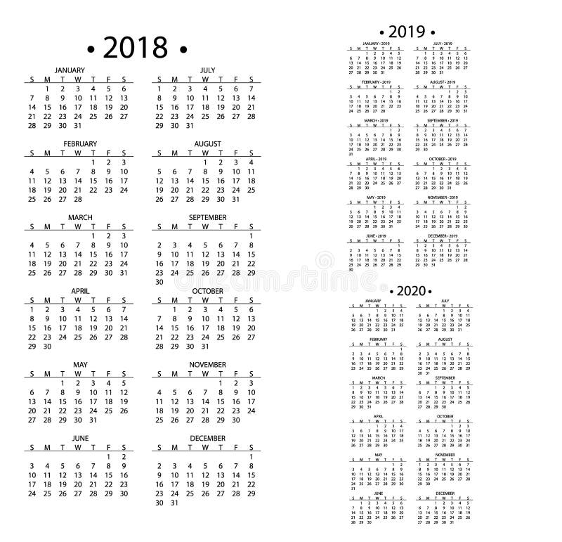 Eenvoudige kalender voor 2018 en 2019, 2020 jaar van het de bedrijfs dagontwerp van de malplaatjedatum de maand van de organisato stock illustratie Eenvoudige kalender voor 2018 en 2019, 2020 jaar van het de bedrijfs dagontwerp van de malplaatjedatum de maand van de organisato stock illustratie