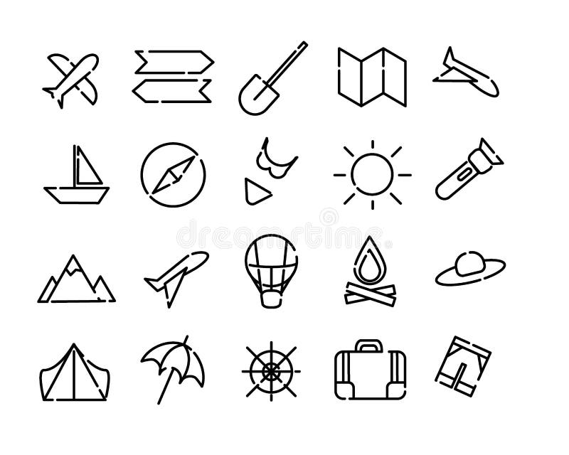 Eenvoudige reeks pictogrammen van reis Zwarte gestippelde lijnen op een witte achtergrond Kaart, zon, vliegtuig, strand, compas e stock illustratie Eenvoudige reeks pictogrammen van reis Zwarte gestippelde lijnen op een witte achtergrond Kaart, zon, vliegtuig, strand, compas e stock illustratie