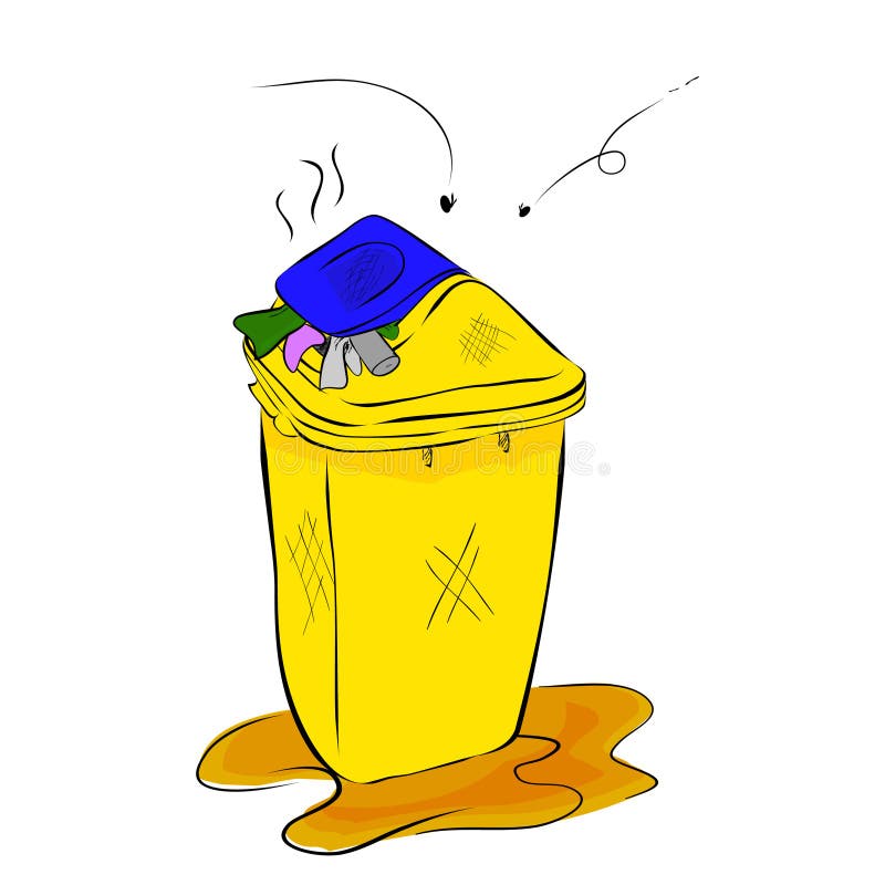 Eenvoudige vectorhandtekenschets, vuile gele en blauwe bak gevuld met afval op witte achtergrond vector illustratie Eenvoudige vectorhandtekenschets, vuile gele en blauwe bak gevuld met afval op witte achtergrond vector illustratie