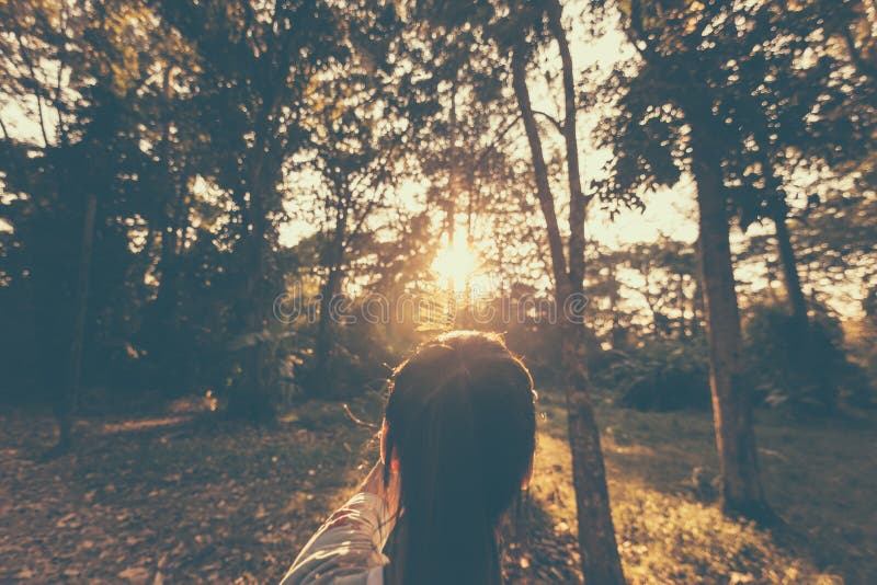 Eenzaam meisje die zich in het bos en de zonsopgang in de ochtend bevinden stock foto Eenzaam meisje die zich in het bos en de zonsopgang in de ochtend bevinden stock foto