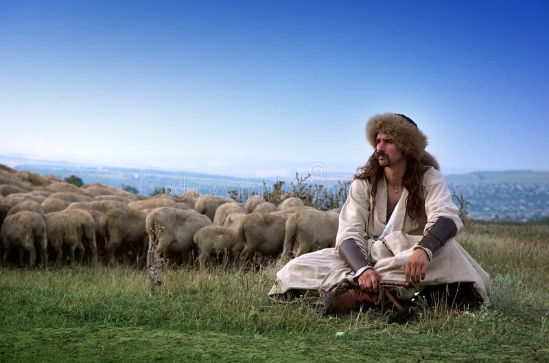 Lonely shepherd with sheep outside. Lonely shepherd with sheep outside