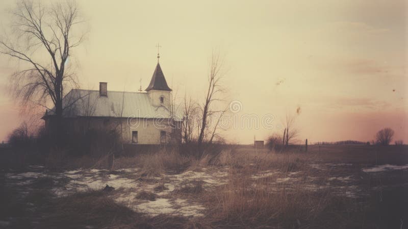 Eerie Church in a field retro, inspirerad av marianna rothen och svetlin velinov vektor illustrationer