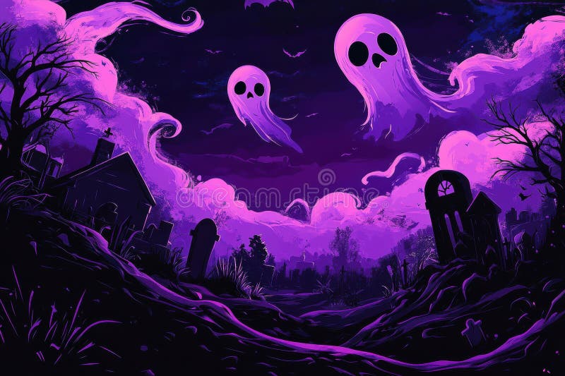 Creepy comic-style Halloween background with ghostly figures in a spooky purple graveyard setting featuring swirling stock photos