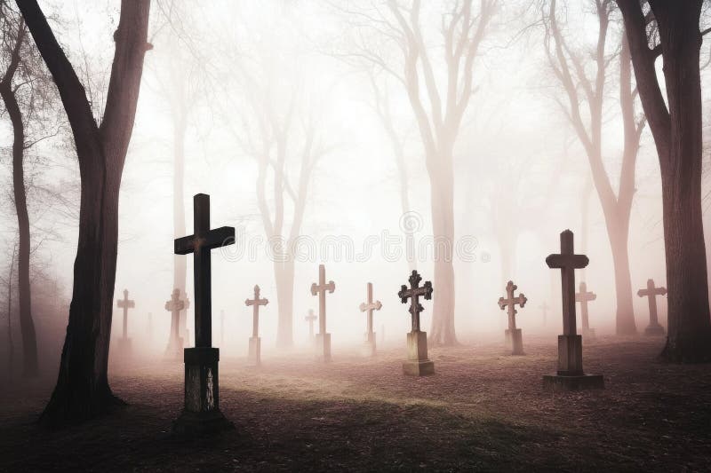 Eerie gothic cemetery-scen med mistatmosfär och korsar i minimalistisk stil royaltyfri illustrationer