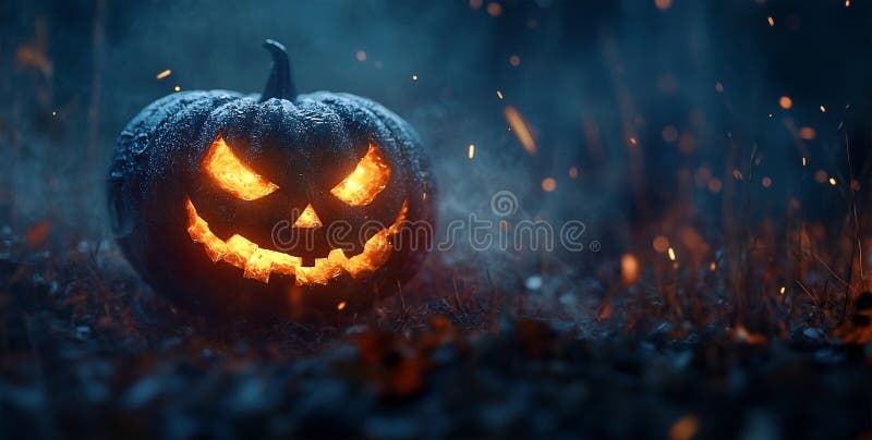 Eerie Halloween Pumpkin with Fiery Eyes in a Misty Night Setting stock image