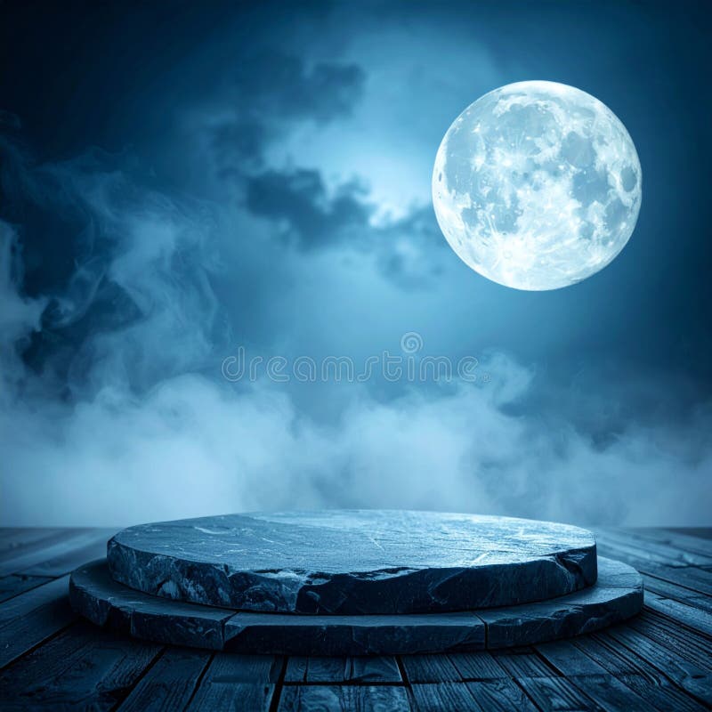 Eerie Night Scene with Full Moon Above a Stone Platform and Blue Hued Mist vector illustration