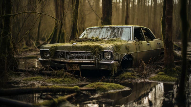 Eerily Realistic Portrait Of An Abandoned Car In A Swamp. an old car, reminiscent of daniel jaems style, is captured in the muddy wilderness. this urban exploration photograph showcases elements of american tonalism and is presented in stunning 8k resolution. the image exudes an eerily realistic atmosphere, while also hinting at the presence of supernatural creatures. the car s vintage charm is juxtaposed with the concept of eco-friendly craftsmanship. , AI generated
