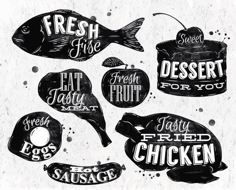 Eet symbool uitstekende van letters voorziende eieren, appel, kip vector illustratie Eet symbool uitstekende van letters voorziende eieren, appel, kip vector illustratie